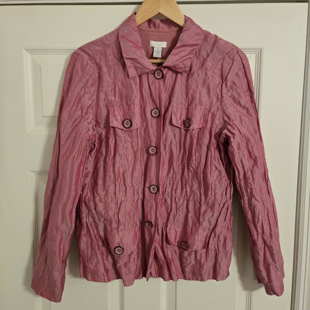 Chico's Pink Crinkled Button-Up Jacket Shirt Silk Blend Size 1 Lolla Rossa